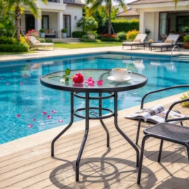 Round Outdoor Patio Table 31.5″  with Tempered Glass Top Umbrella Hole Wholesale