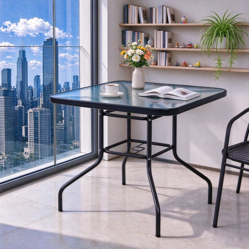 square tempered glass patio table with black metal frame,balcony,