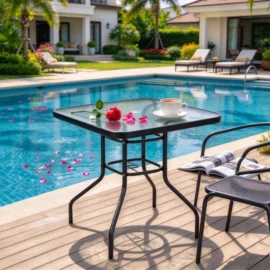 Square Outdoor Patio Table with Tempered Glass  Umbrella Hole