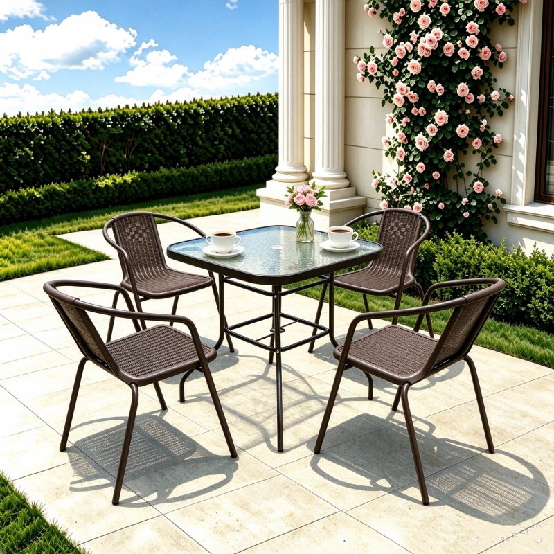 square tempered glass patio table, heavy duty powder coated steel frame, weatherproof outdoor dining table with umbrella hole