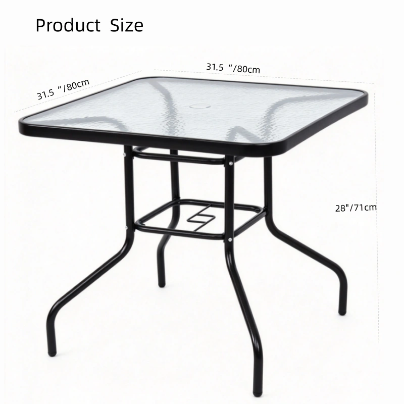 Sturdy powder coated steel frame and tempered wave glass top detail, commercial outdoor square patio table size