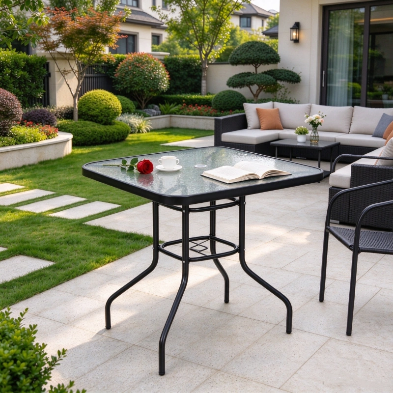 square tempered glass patio table on outdoor deck, rust UV resistant steel frame table for café, backyard, garden