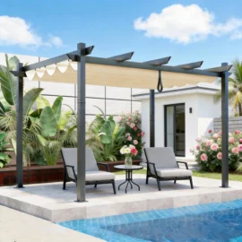 10′ × 10′ Retractable Pergola with Waterproof UV-Resistant Canopy for Patio, Backyard & Garden